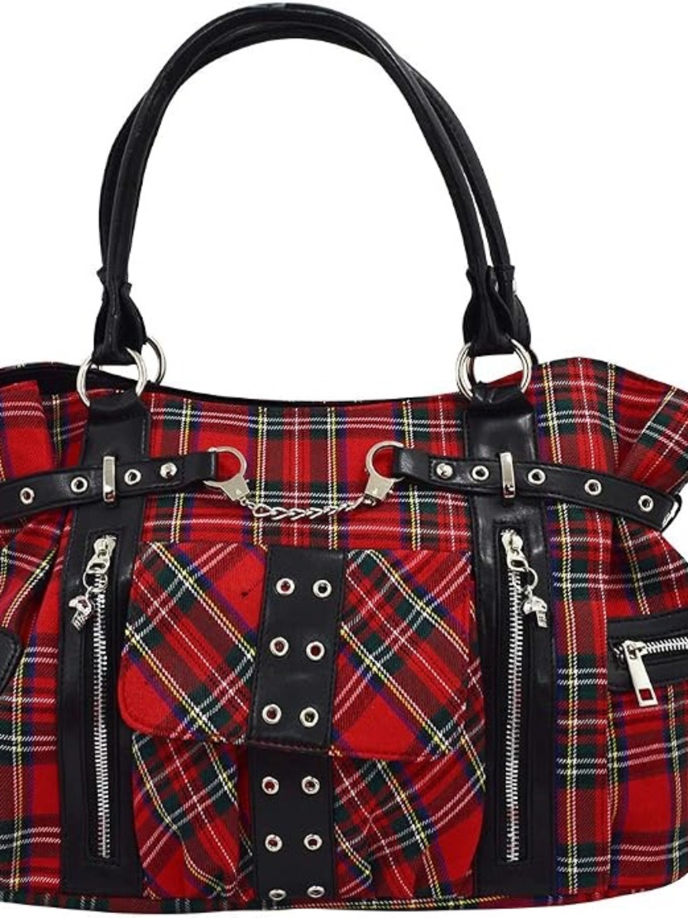 Red Plaid Tote Bag with Black Trim and Stud Details - Picture 2 of 5